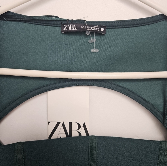 Zara Emerald Green Sz Small Cropped Piped Open Back Stretchy  Long Sleeve Blouse - Picture 3 of 9